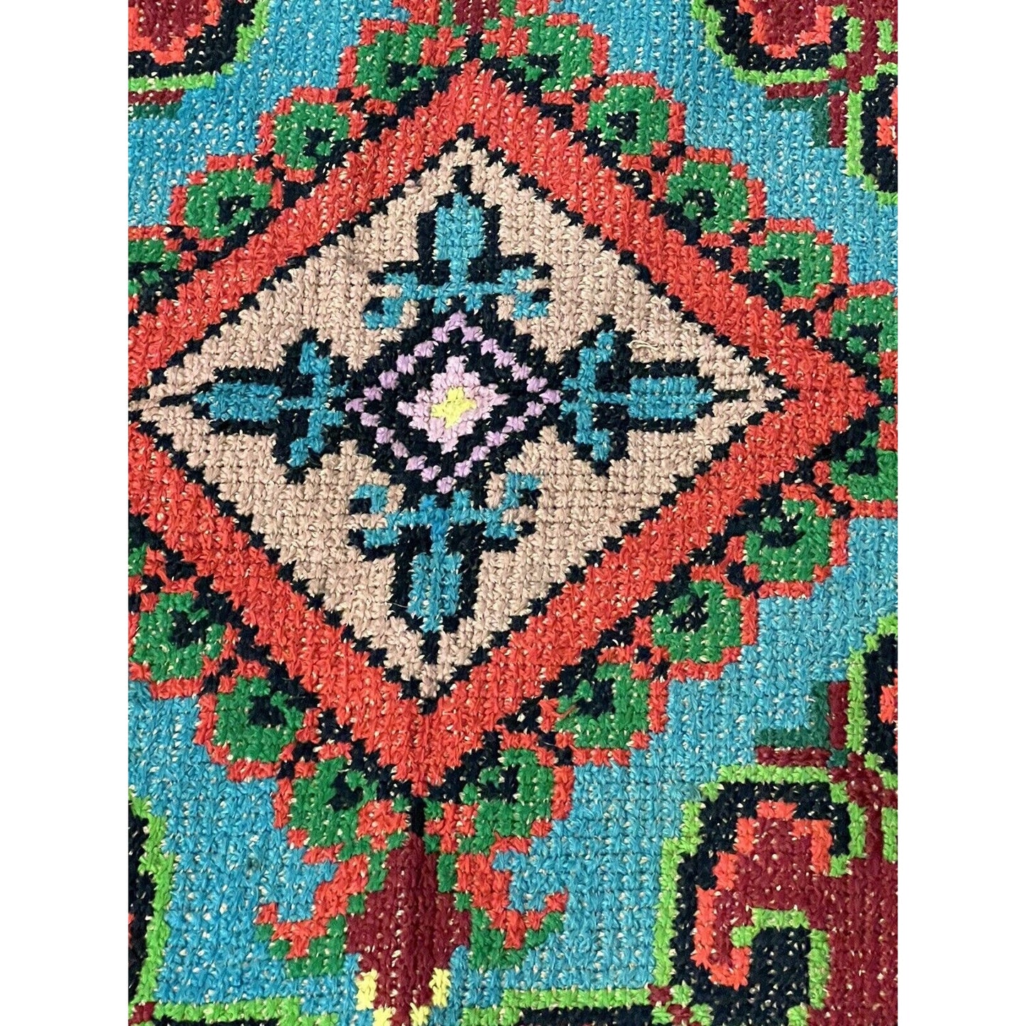 Antique 1920s Hook Folk Art Rug Bright Colors Rare Pattern 75”x69”