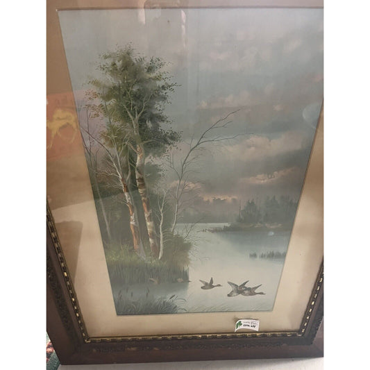 Antique Lithoprint By R. LeRoy Framed, Matted, Signed Of Ducks On A Pond