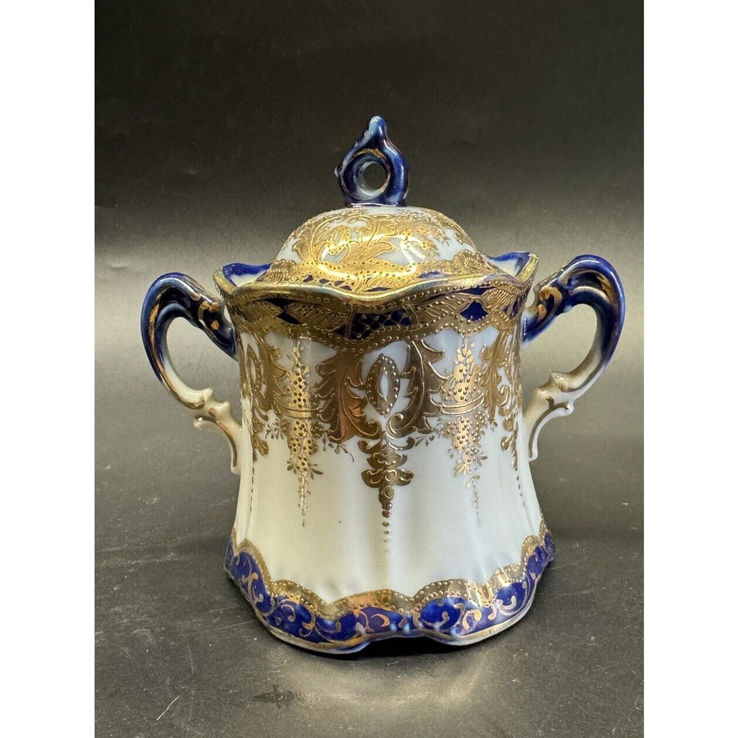 Antique Nippon Teapot With Sugar Bowl & Creamer Cobalt Blue w/ White & Gilding