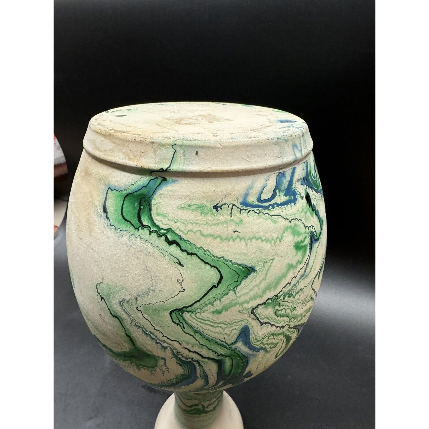 Vtg. Nemadji Pottery USA 12” Vase With Blue, Green &White Swirls American Art