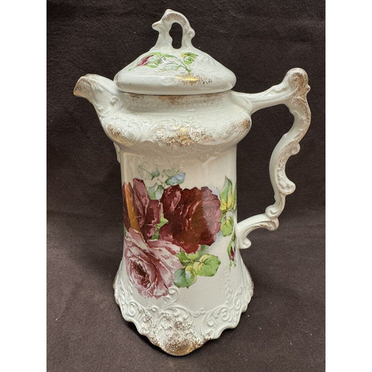 Antique LaBelle Coffee Pot With Lid Wheeling Pottery Pink Roses And Gold Leaf