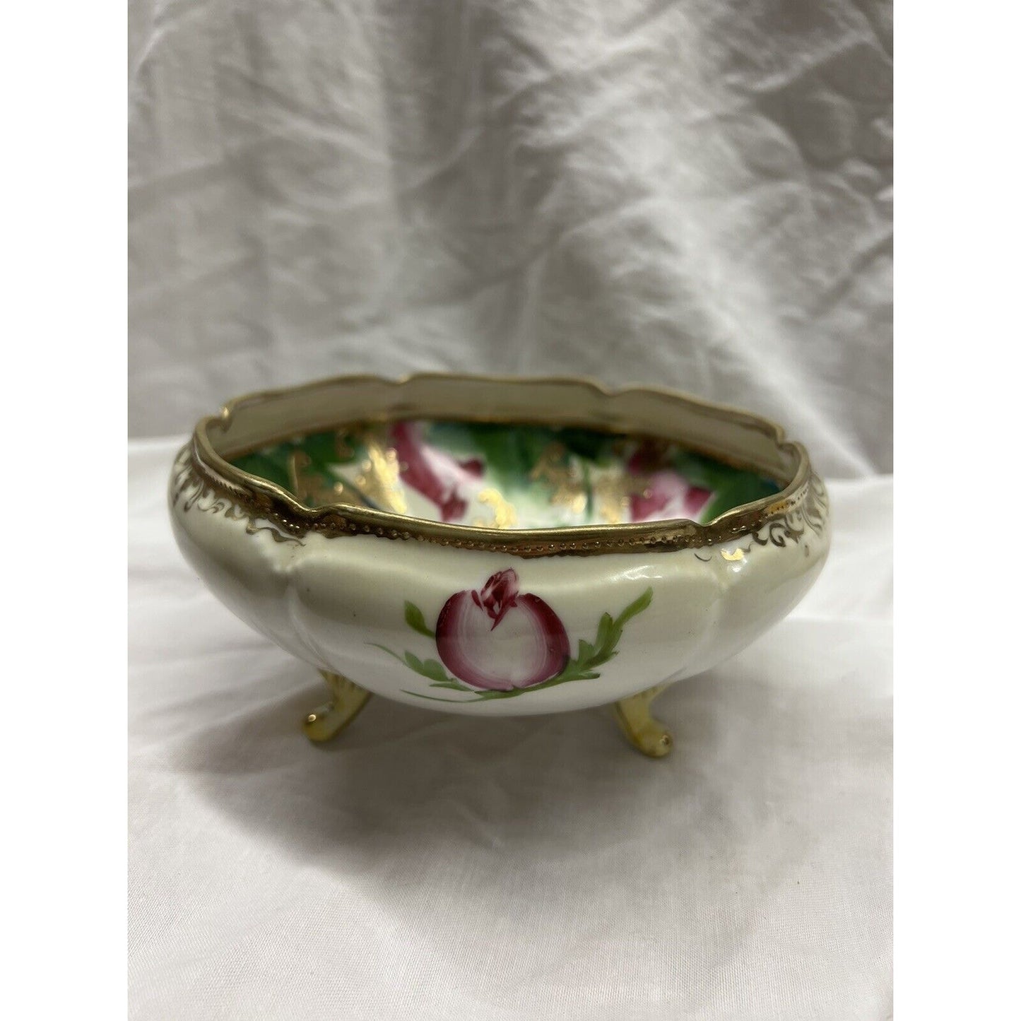 Antique Nippon 3 Footed Bowl With Gilding And Dark Pink Flowers