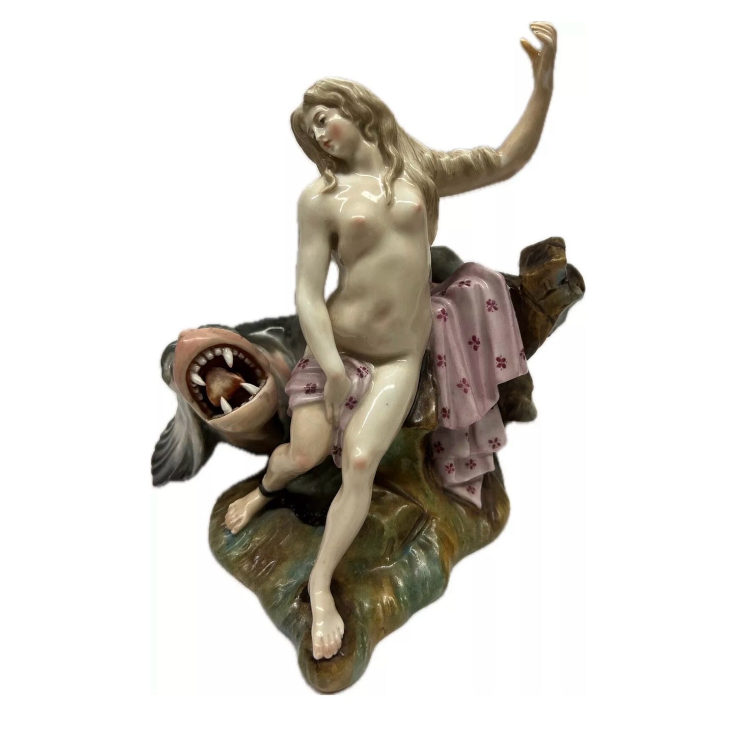 Early Rare Antique Carl Thieme German Porcelain Dresden Meissen Style Woman with Sea Serpent Figurine