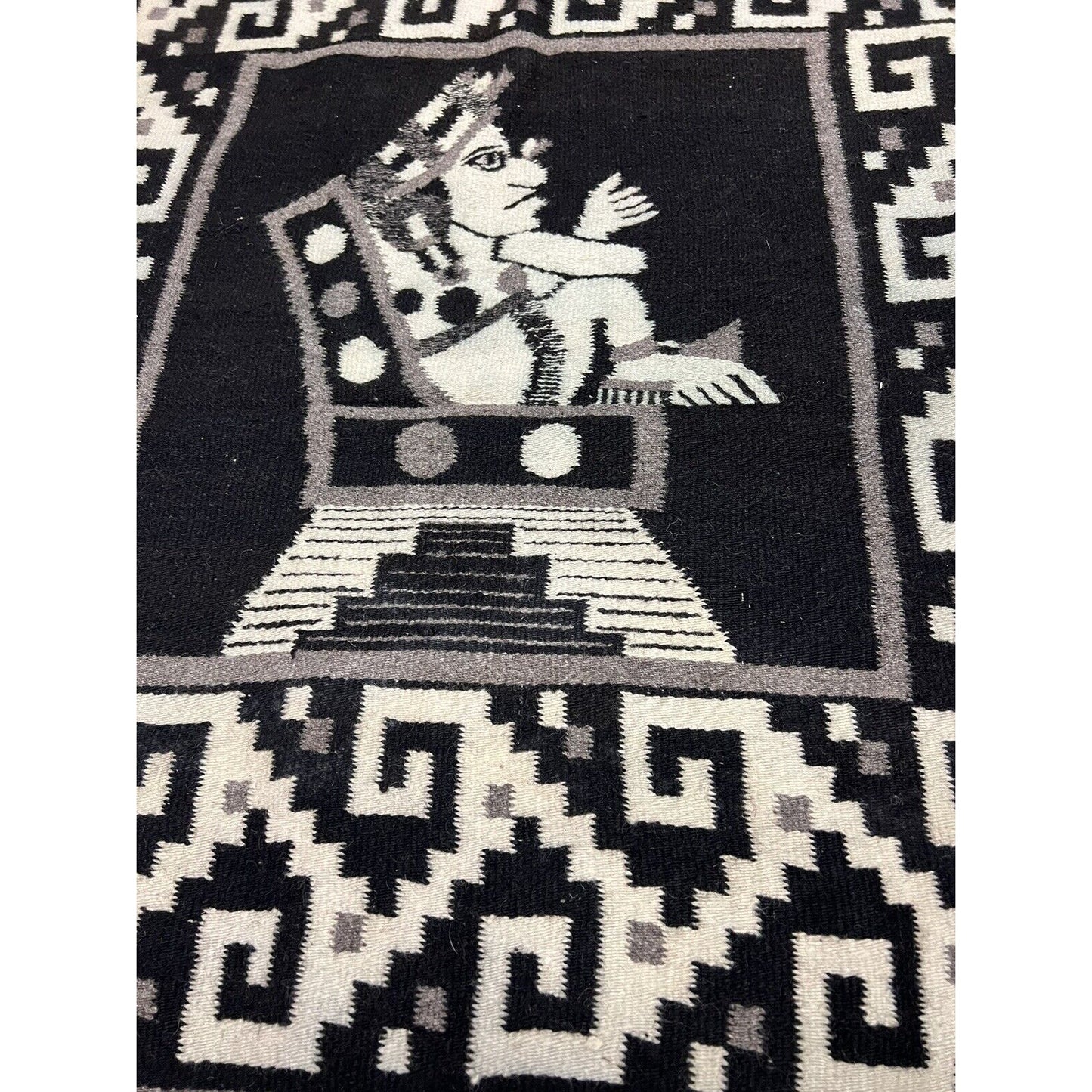 Vintage Aztec Figure Hand Woven Wool Rug, Tapestry, Blanket, Wrap 35”x76”