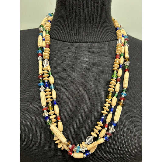 Vintage Carved Bovine Bone & Art Beads Necklace