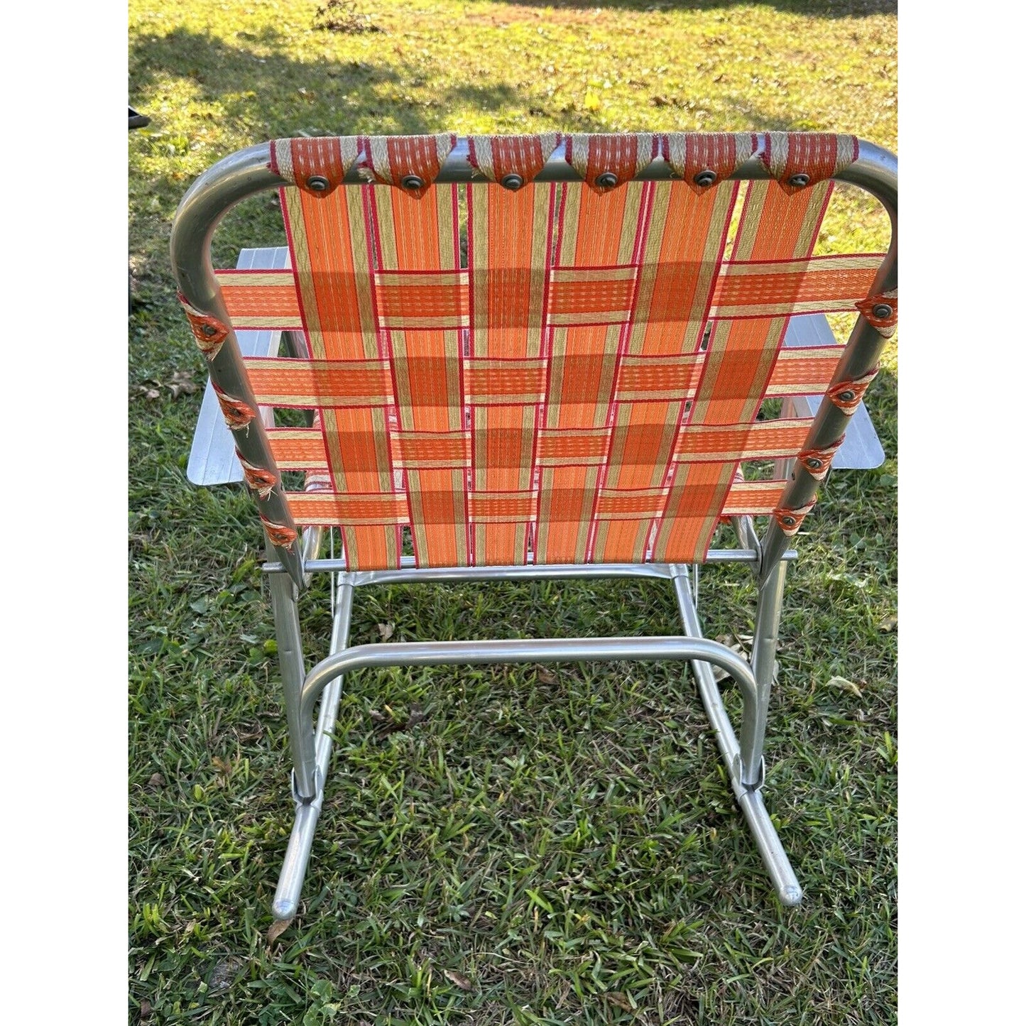 Aluminum Vintage Set Of 2 Rocker Lawn Chairs Orange & Gold Webbing