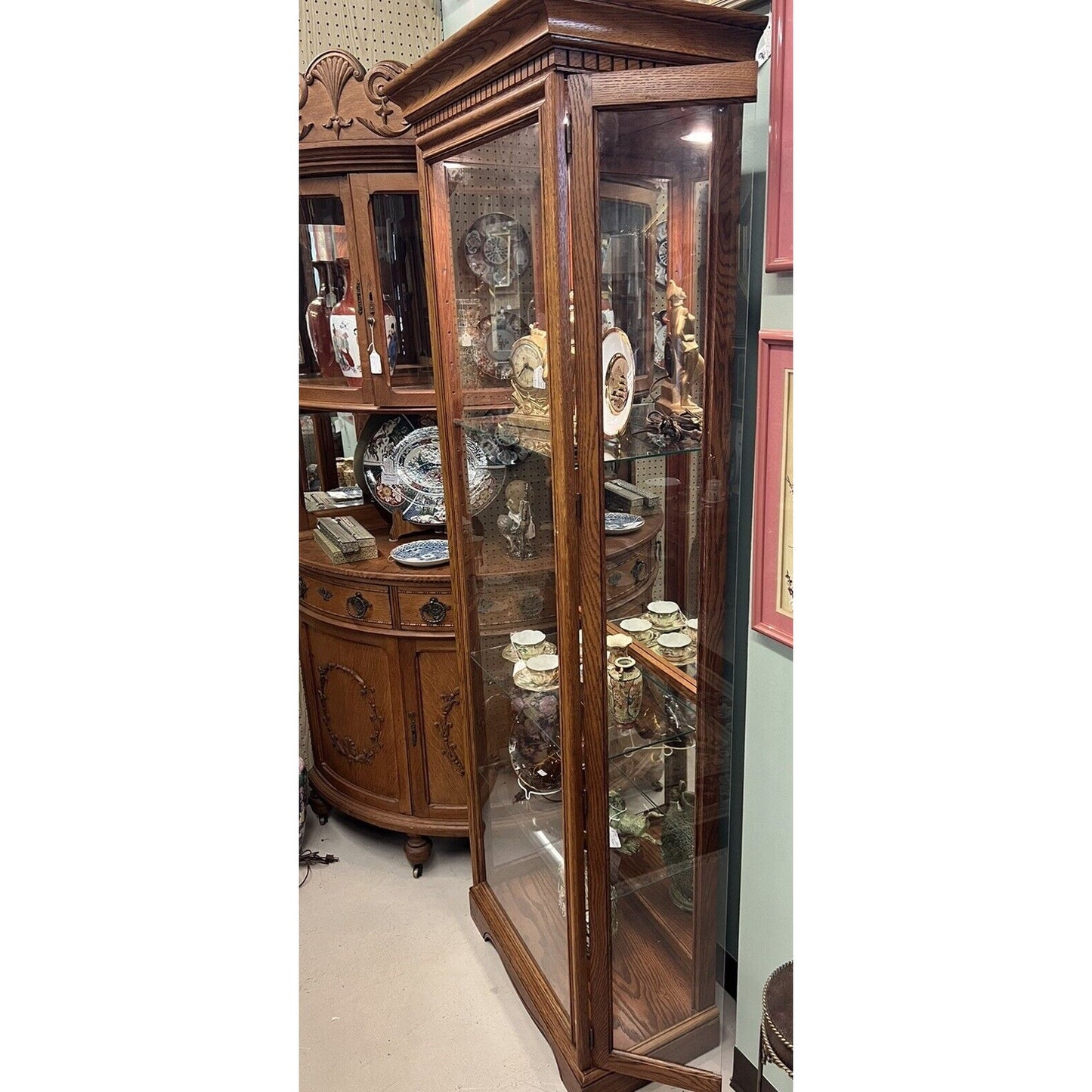 Vintage Philip Reinisch Lighted Oak Curio Cabinet Solid Wood Glass Shelves