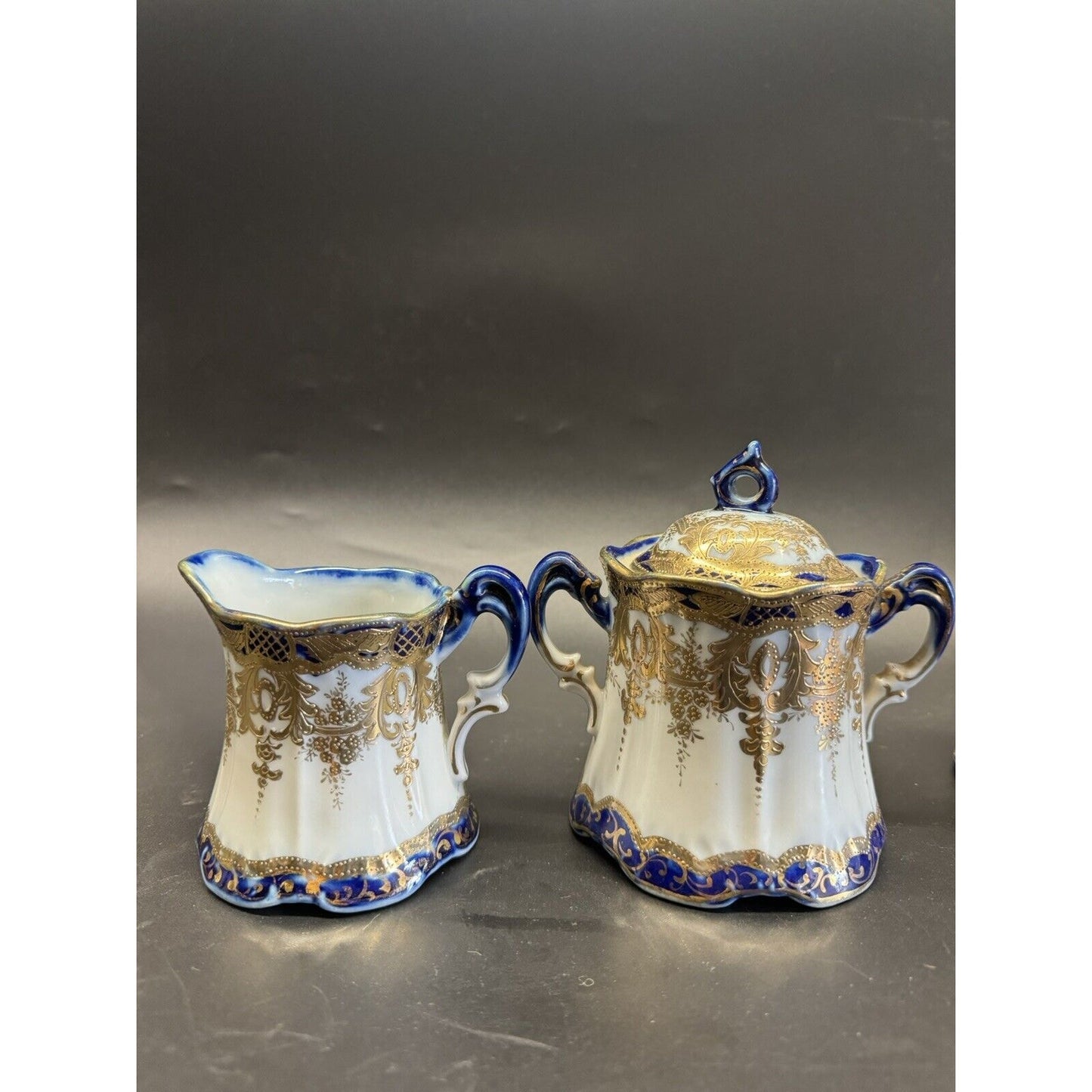 Antique Nippon Teapot With Sugar Bowl & Creamer Cobalt Blue w/ White & Gilding