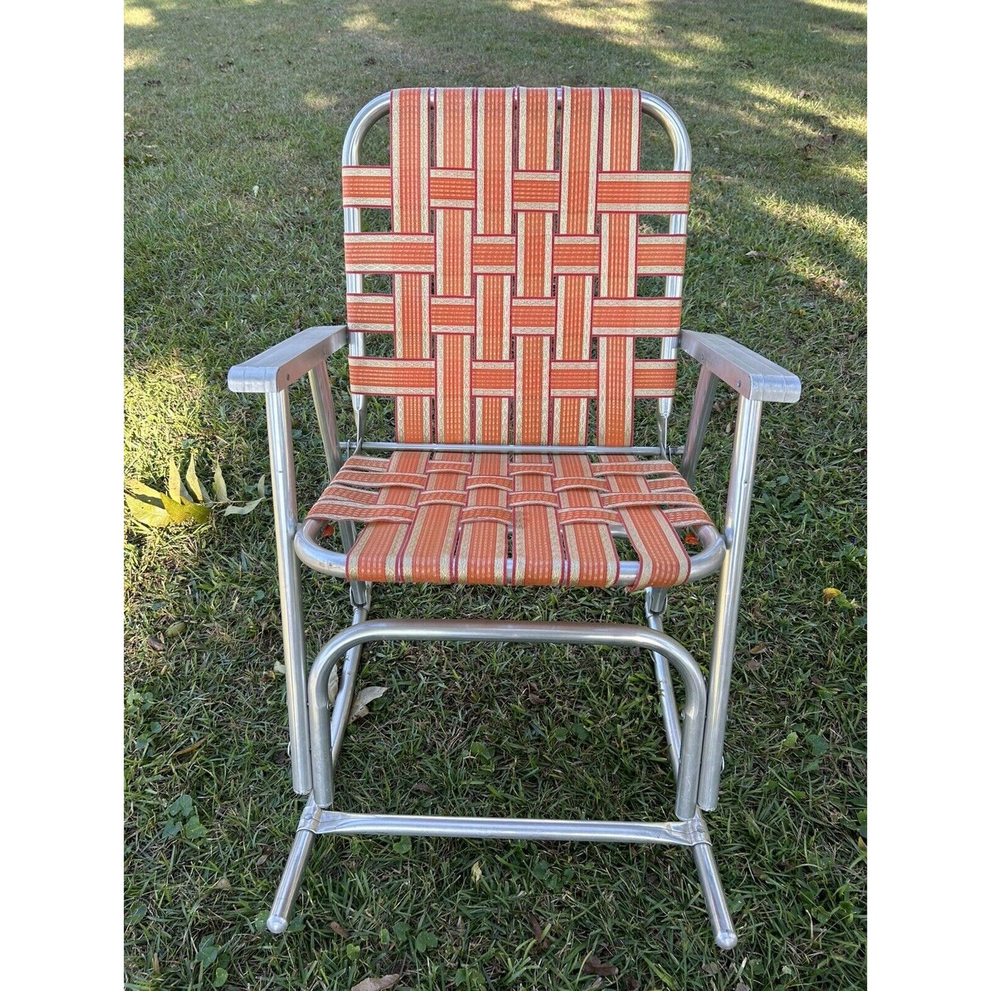 Aluminum Vintage Set Of 2 Rocker Lawn Chairs Orange & Gold Webbing