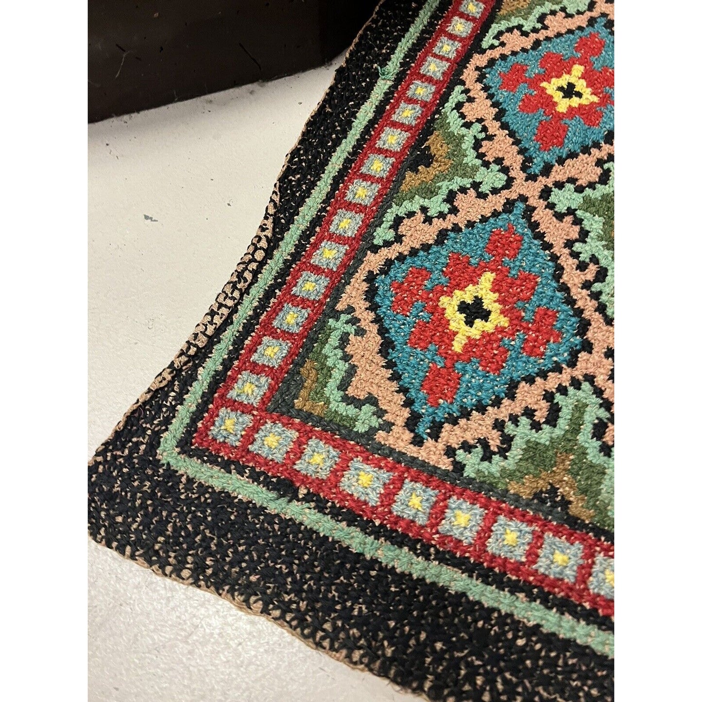 Antique 1920s Hook Folk Art Rug Bright Colors Rare Pattern 75”x69”