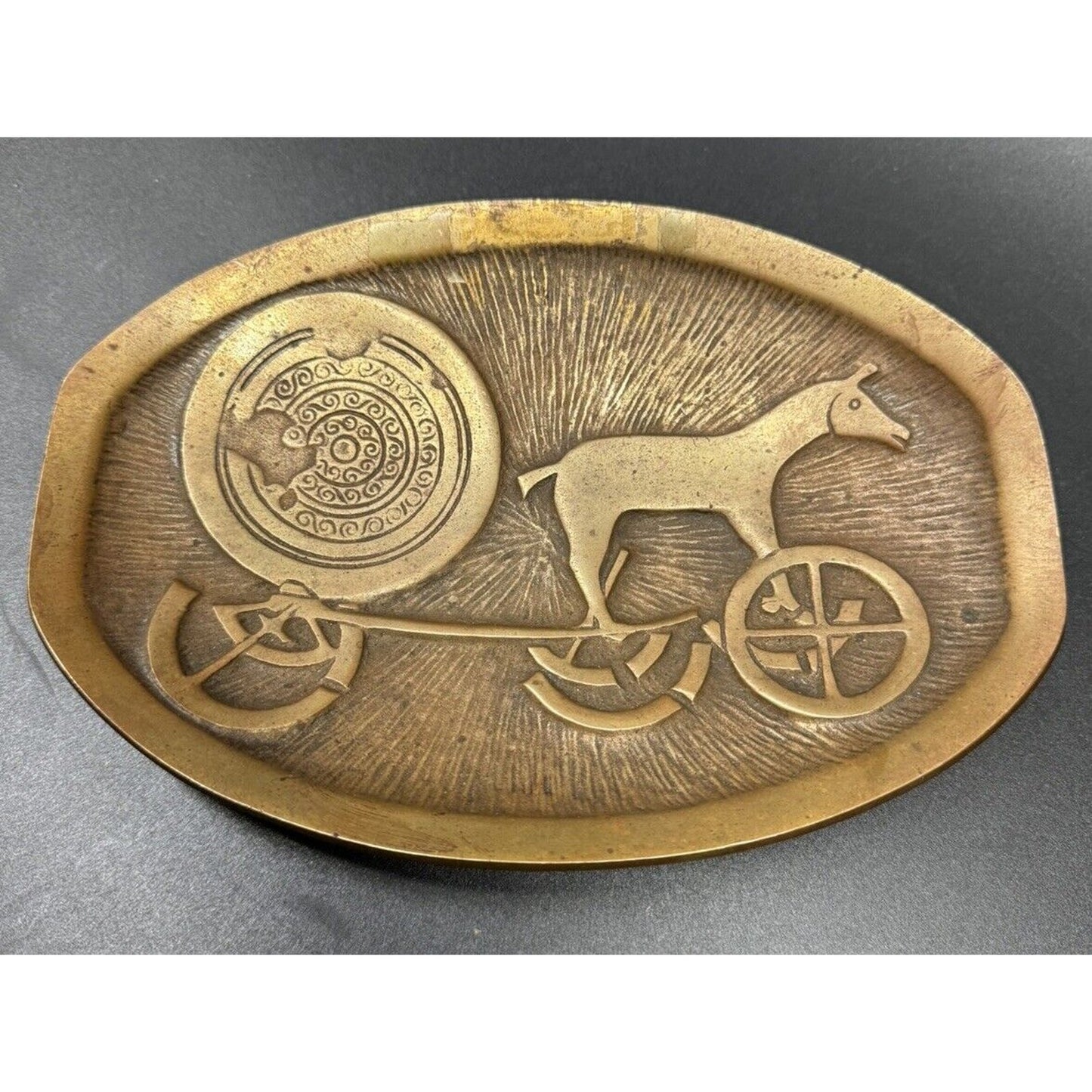 Vintage Solid Malo Bronze 8” Footed Bowl Trinket Tray Depicting The Sun Chariot