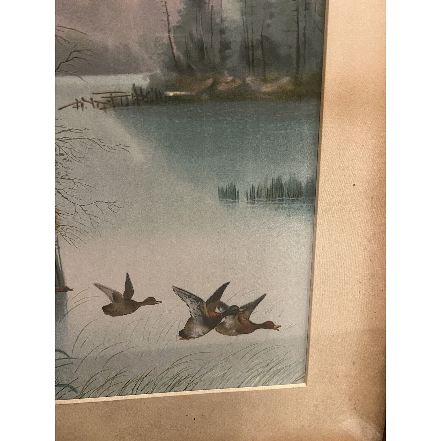 Antique Lithoprint By R. LeRoy Framed, Matted, Signed Of Ducks On A Pond