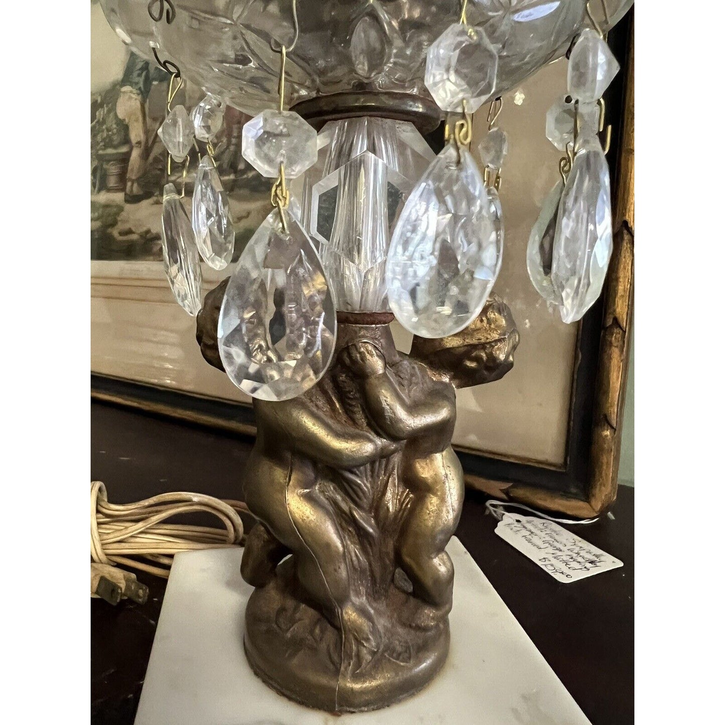 Pair Of Crystal Teardrop Marble Base With Cherubs Lamps