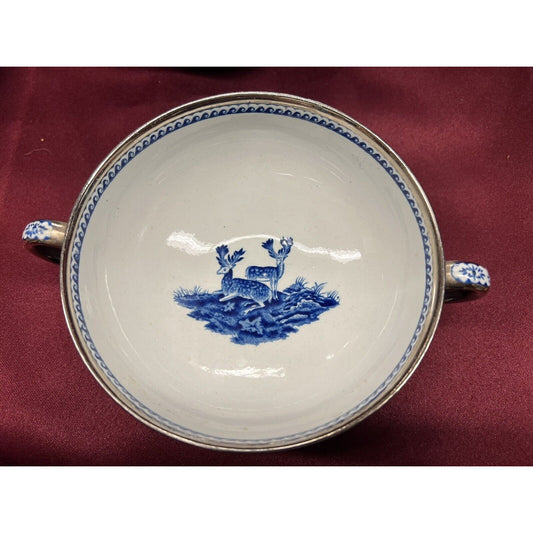 RARE Vintage Wedgwood Fallow Deer Blue And Platinum Trim Soup Bowls