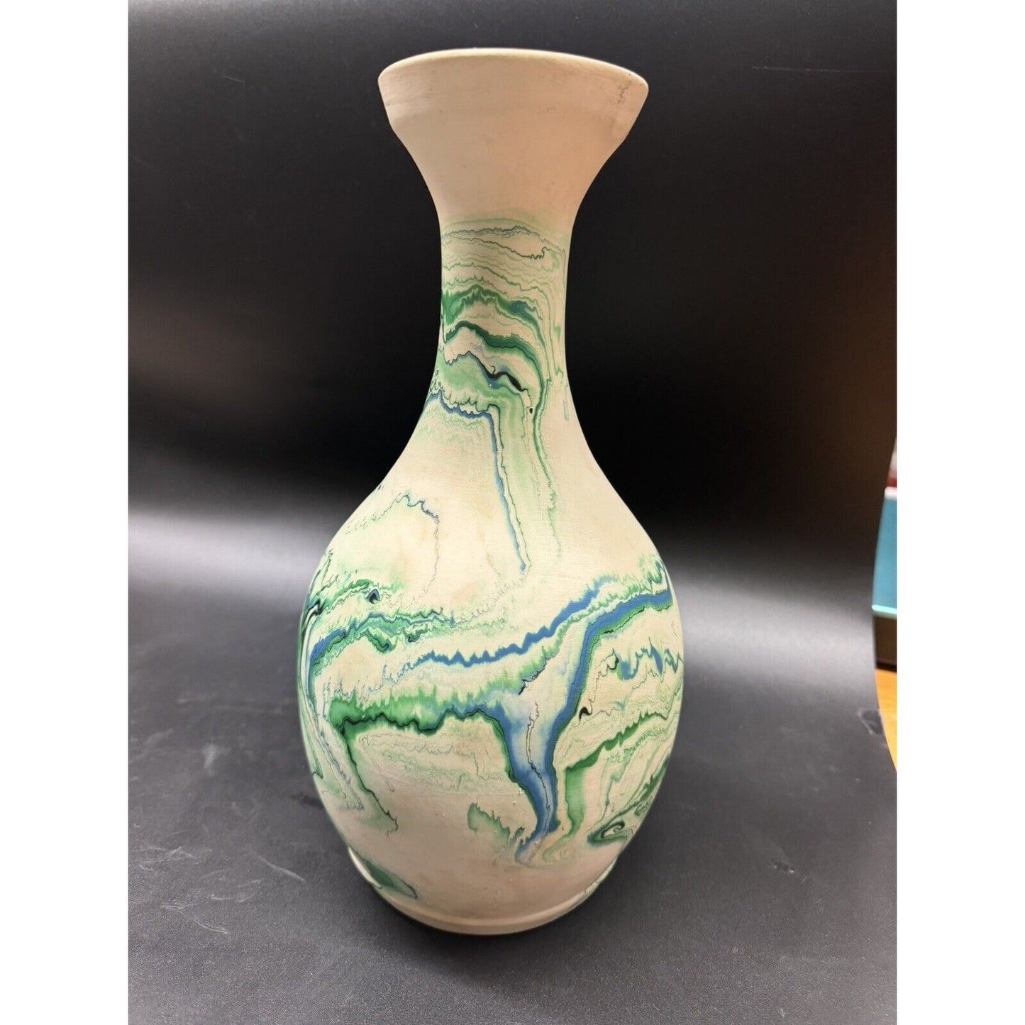 Vtg. Nemadji Pottery USA 12” Vase With Blue, Green &White Swirls American Art