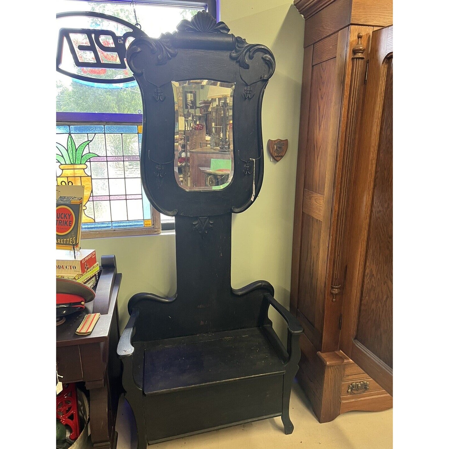 Antique Oak Hall Tree Painted Black With Beveled Mirror, Storage And Hooks