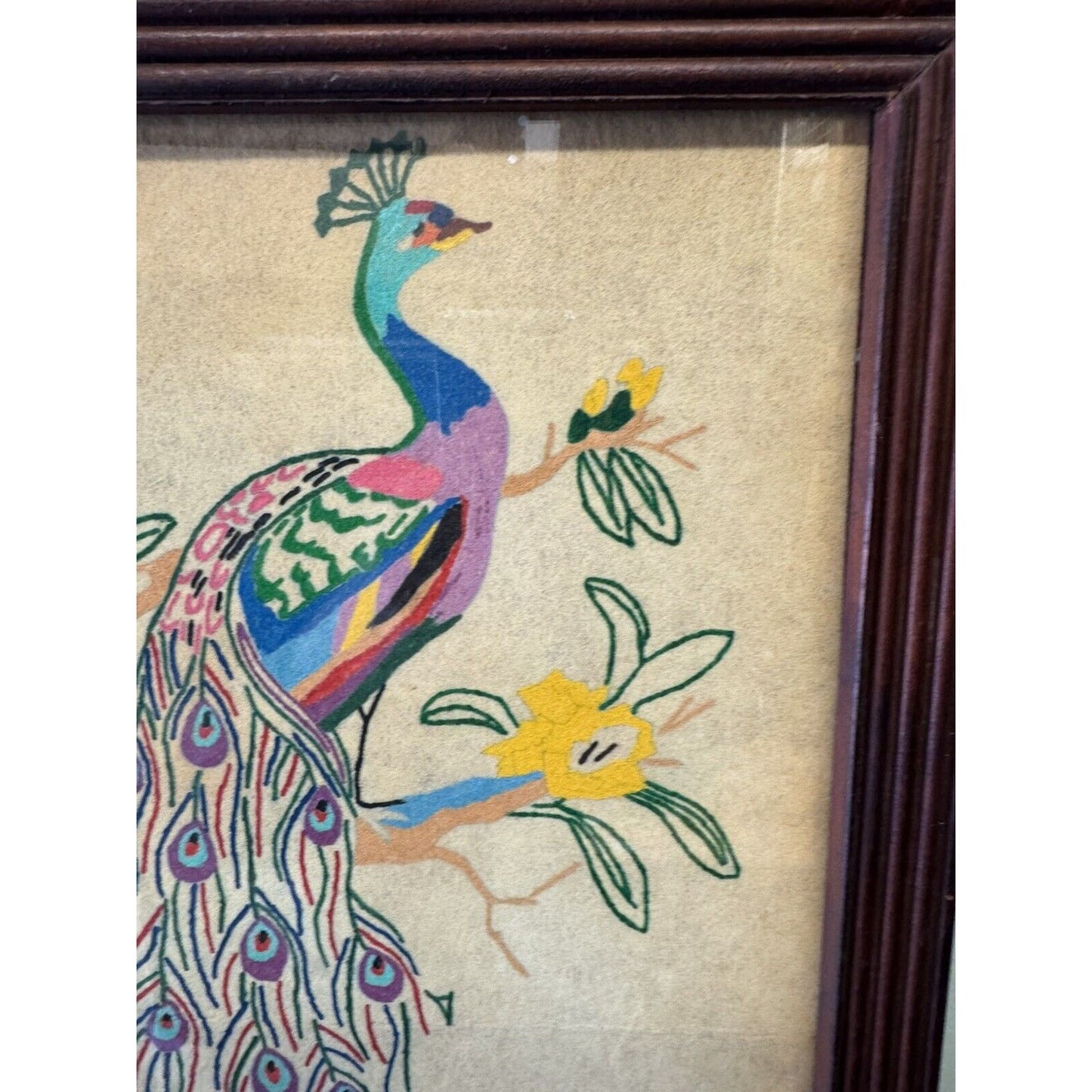 Two Vintage Artex Embroidery Paint, Peacock Pictures Framed