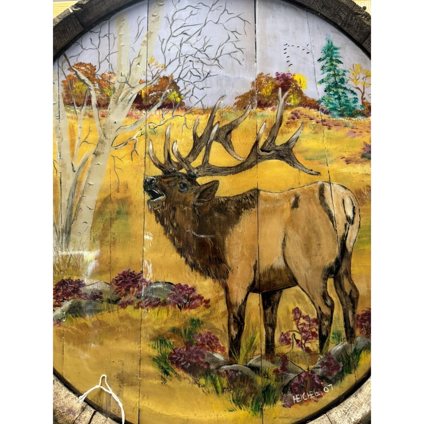 Hand Painted Elk In Woods Scene Painting Wall Hanging On Top Of Whiskey Barrel