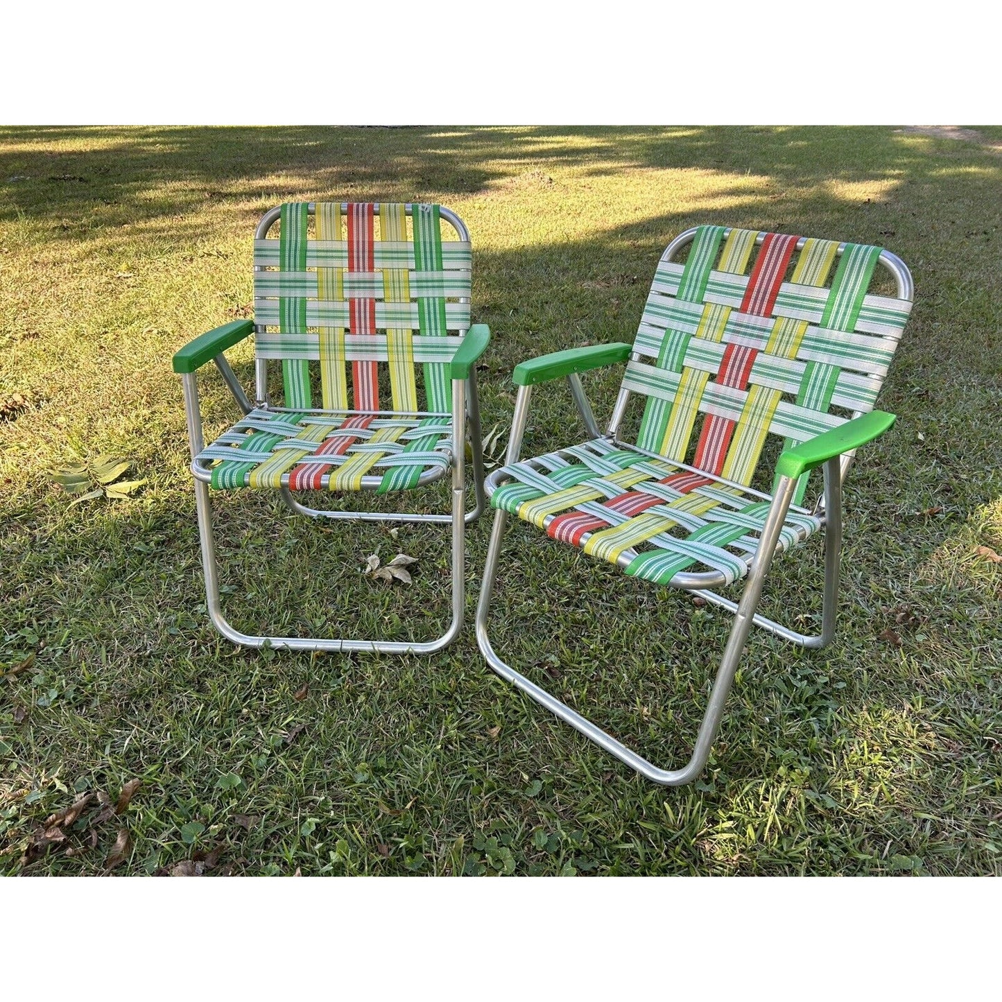 Vintage Aluminum Folding Lawn Chairs Green, Yellow, Orange Webbing Set Of 2