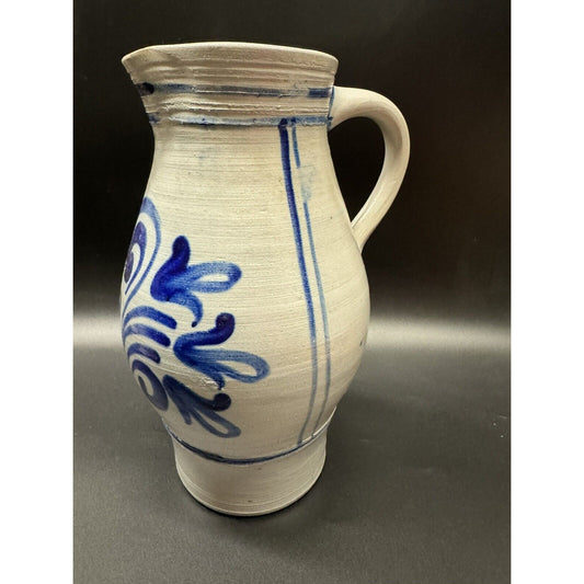 Vtg Cobalt Blue Painted Stoneware Pottery Salt Glazed 2 Gallon Pitcher Jug